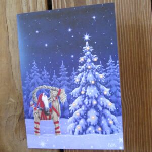 Box of 12 Christmas cards "tomte on Julbok" English text  7" x 5"