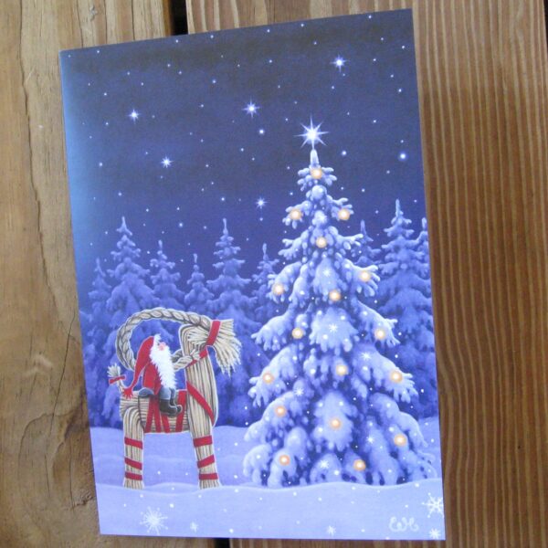 Box of 12 Christmas cards "tomte on Julbok" English text  7" x 5"