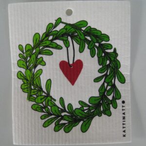 Swedish screen printed dish washing sponge/ dish cloth "Lingonberry wreath w/heart" Kattinatt of Sweden