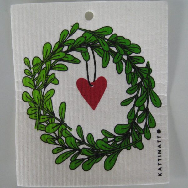 Swedish screen printed dish washing sponge/ dish cloth "Lingonberry wreath w/heart" Kattinatt of Sweden