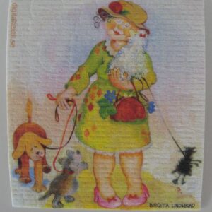 Swedish screen printed dish washing sponge/ dish cloth "Dog walking"  Birgitta Lindeblad  7" x 73/4"