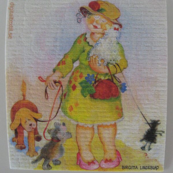 Swedish screen printed dish washing sponge/ dish cloth "Dog walking"  Birgitta Lindeblad  7" x 73/4"