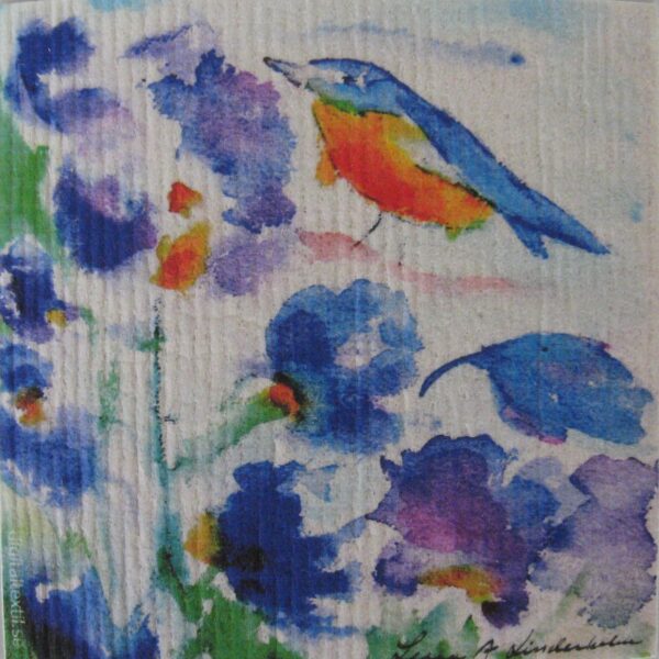Swedish screen printed dish washing sponge/ dish cloth "bluebird w flowers"  Lena Linderholm  7" x 73/4"