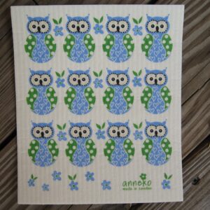 Swedish screen printed dishwashing sponge/ dish cloth, "Blue Owls"