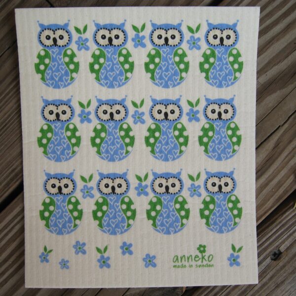 Swedish screen printed dishwashing sponge/ dish cloth, "Blue Owls"