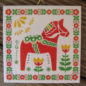 Red Dala Horse ceramic tile w/cork backing, hanger 6" x 6"