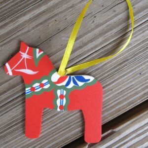 red Dala horse ornament, wood, 3" x 3"  hand painted in Sweden