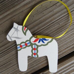 white Dala horse ornament, wood, 3" x 3"  hand painted in Sweden