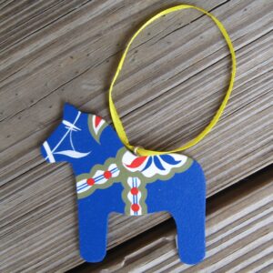 blue Dala horse ornament, wood, 3" x 3"  hand painted in Sweden