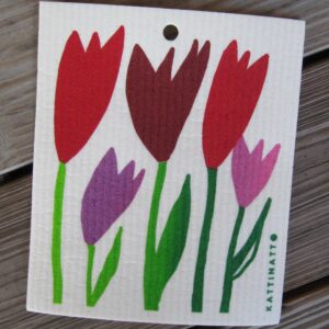 Swedish screen printed dish washing sponge/ dish cloth  "red & purple tulips"