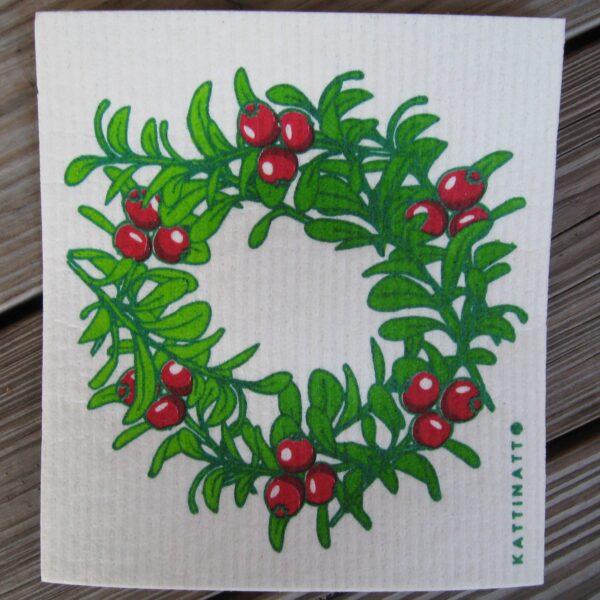 Swedish screen printed dish washing sponge/ dish cloth "lingon wreath" extra large 83/4" x 8"