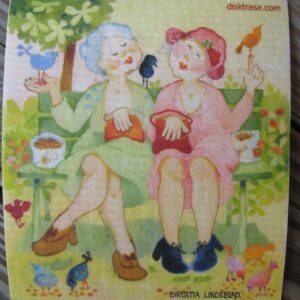 Swedish screen printed dish washing sponge/ dish cloth "pensionärs liv" (retired life) Birgitta Lindeblad 7" x 7 3/4"   NEW