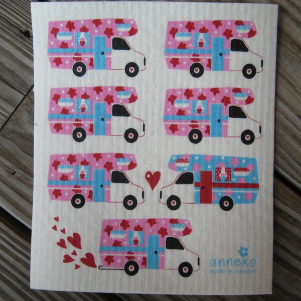 Swedish screen printed dish washing sponge/ dish cloth "campers"  7 3/4" x 6 3/4" Anneko of Sweden