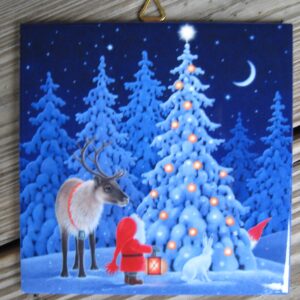 Swedish Christmas ceramic tile "Christmas in the Woods" 6"x 6" cork back, hanger
