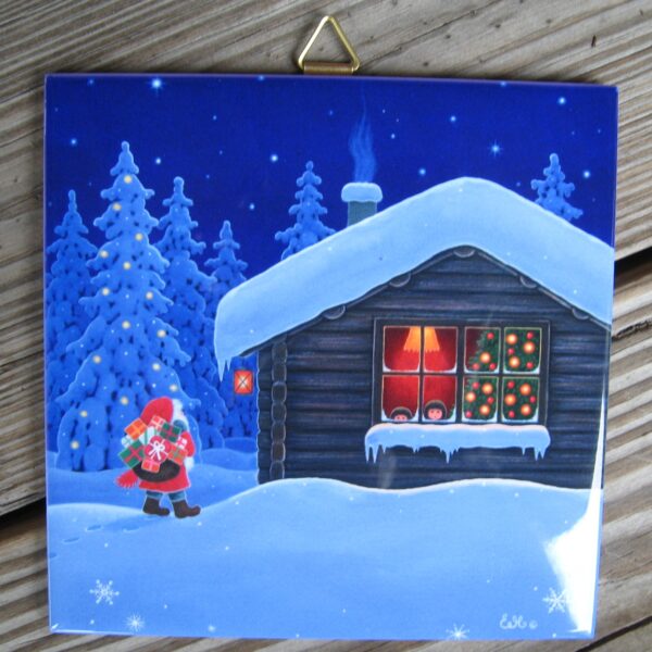 Swedish Christmas ceramic tile "tomte delivering to cabin" 6" x 6" cork back, hanger
