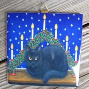 Swedish Christmas ceramic tile "Black Cat" 6"x 6" cork back, hanger