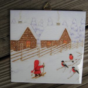 Swedish Christmas ceramic tile "Tomte Delivering Presents" 6"x6" cork back, hanger