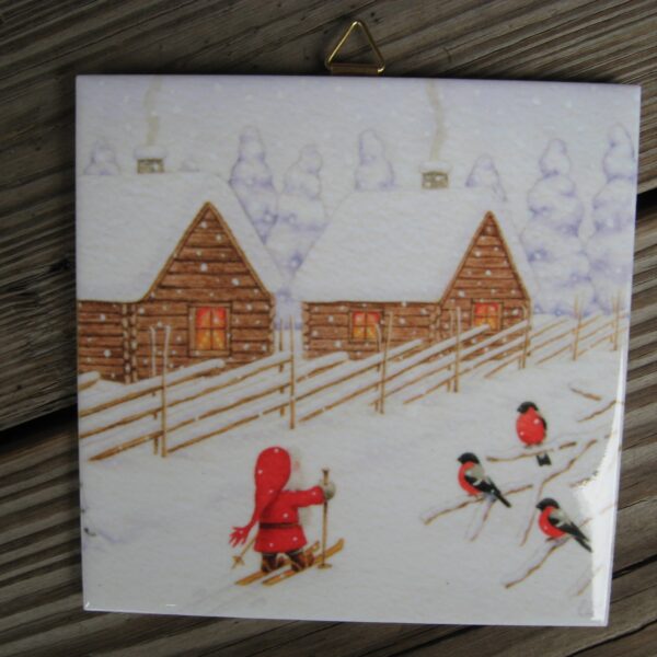 Swedish Christmas ceramic tile "Tomte Delivering Presents" 6"x6" cork back, hanger