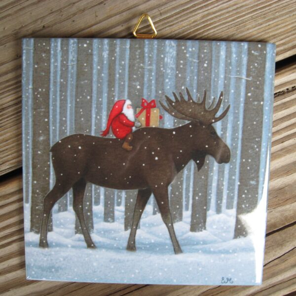 Swedish Christmas ceramic tile "tomte on moose" 6"x 6"  cork back, hanger