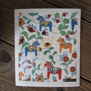 Swedish screen printed dish washing sponge/ dish cloth  " Dala Horses"  Arvidsson of Sweden