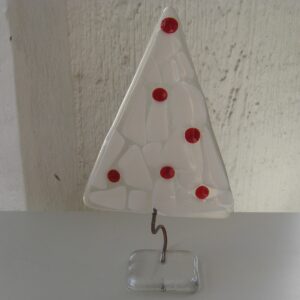 White Christmas tree w/red dots - glass - by Ebba Krarup of Denmark 6.5" x 2"