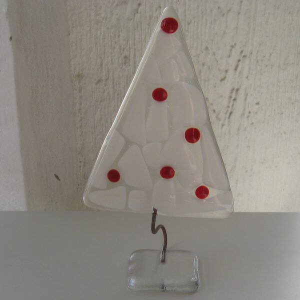 White Christmas tree w/red dots - glass - by Ebba Krarup of Denmark 6.5" x 2"