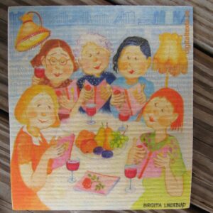 Swedish screen printed dish washing sponge/ dish cloth "ladies book circle"  Birgitta Lindeblad 7"x 73/ 4"   NEW