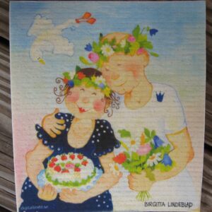 Swedish screen printed dish washing sponge/ dish cloth "midsummer couple"  Birgitta Lindeblad 7"x 7 3/ 4"   NEW