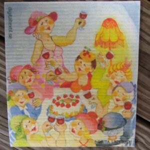 Swedish screen printed dish washing sponge/ dish cloth "a ladies' birthday party"  Birgitta Lindeblad 7"x 73/4"   NEW