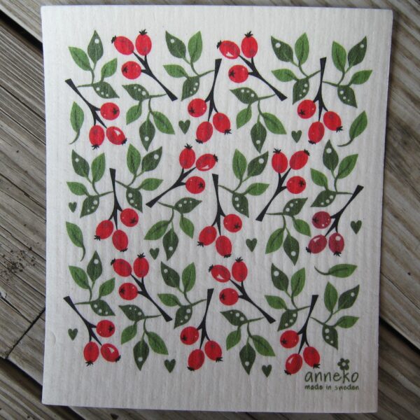 Swedish screen printed dish washing sponge/ dish cloth "Nypon" (rosehip) 73/4" x 63/4" Anneko of Sweden  NEW