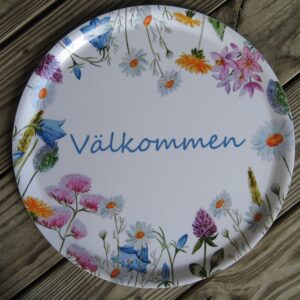 "Välkommen" round tray laminated wood  15" diameter Made in Sweden