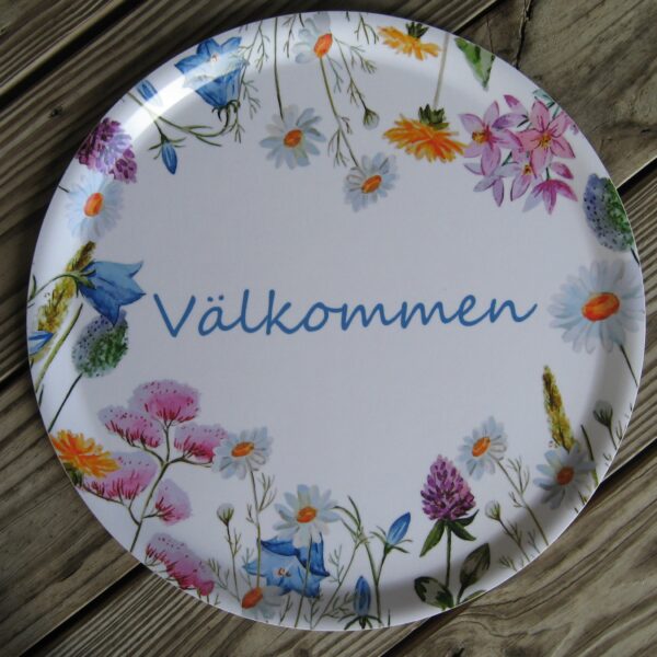 "Välkommen" round tray laminated wood  15" diameter Made in Sweden