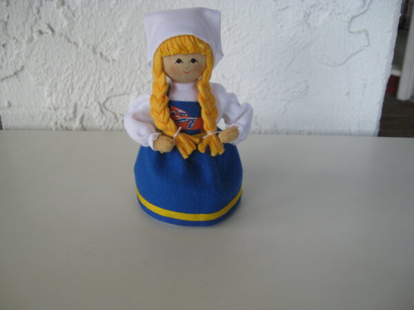 Swedish folk dress doll 5" tall  blue w/Dala horse embroidery Butticki of Sweden