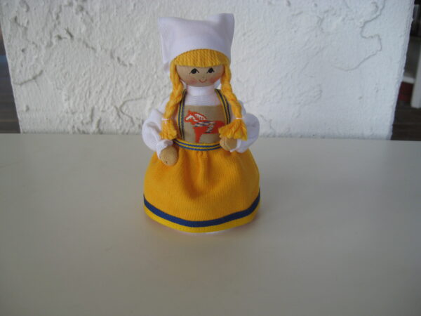 Swedish folk dress doll 5" tall yellow w/Dala horse embroidery Butticki of Sweden