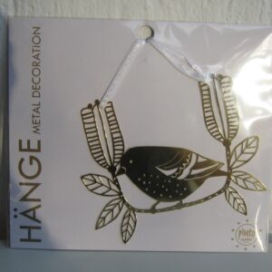 Gold metal "sparrow on branch" ornament  4" x 4.5"  Pluto of Sweden