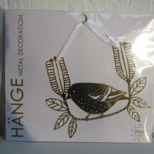 Gold metal "sparrow on branch" ornament  4" x 4.5"  Pluto of Sweden