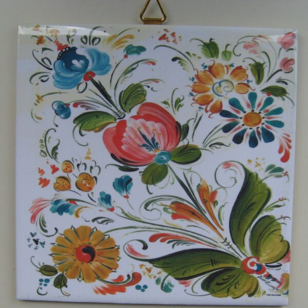 Lise Lorentzen  "rosemaling on cream" ceramic tile 6" x 6"  hook on back