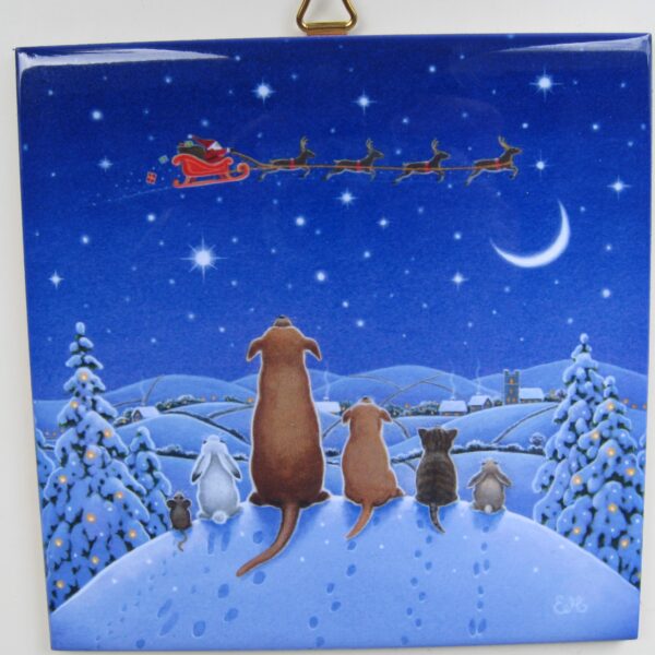 "Watching Santa's Sleigh" ceramic tile  6" x 6" hook on back