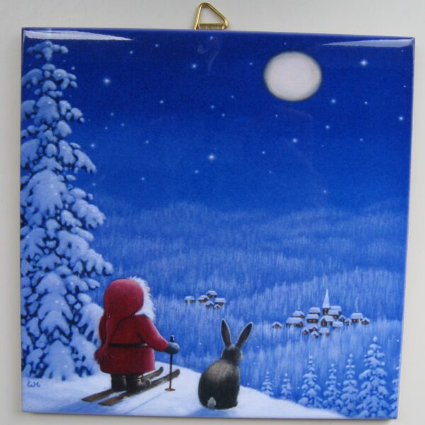 "Tomte on skis/bunny" ceramic tile 6" x 6" hook on back
