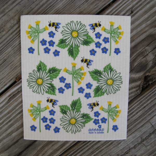 Swedish screen printed dish cloth "Sommarblomster"  73/4" x 63/4" Anneko of                                                                                                             Sweden