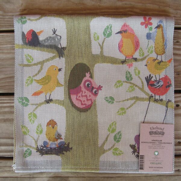 100% Organic Cotton runner "Spring Birds" Made in Sweden by Ekelund 14" x 47"