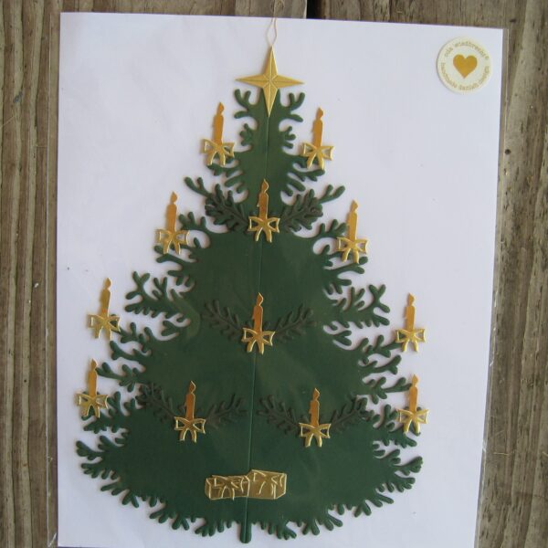 Large Christmas tree papercut w/gold candles 9" x 6" by Oda Wiedbrecht, Denmark