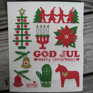 Swedish screen printed dish cloth "God Jul" w/poinsettia Anneko of Sweden