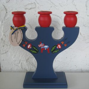 3 arm blue Dala horse wood candleholder Made in Sweden  9" x 8"