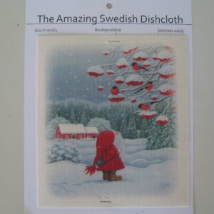 Swedish screen printed dish cloth "tomte watching birds"