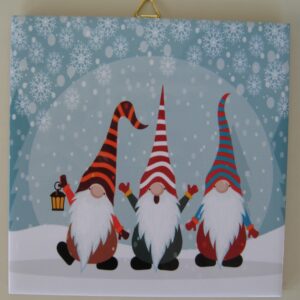 Christmas ceramic tile w/ hook "3 Gnomes" cork backing