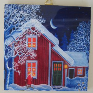 Christmas ceramic tile w/hook "Tomte & Red House" 6" x 6" cork backing