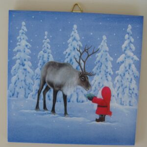 Christmas ceramic tile w/hook "Tomte feeding reindeer" 6" x 6" cork backing