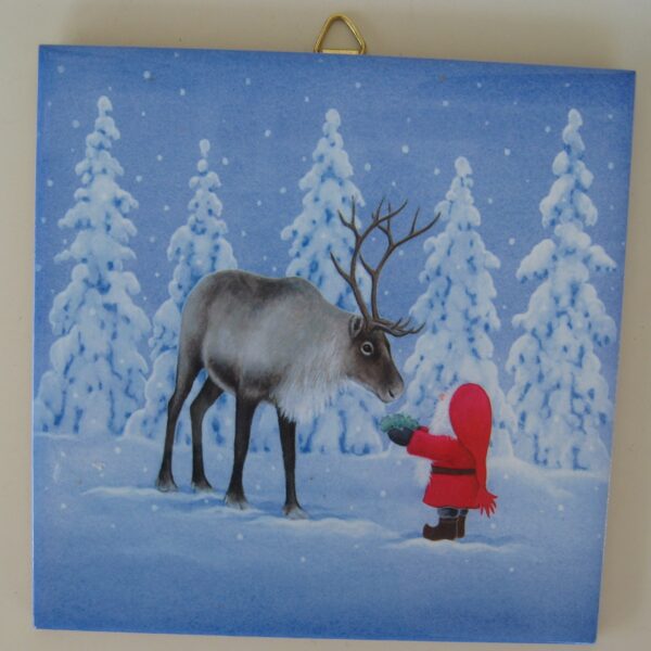 Christmas ceramic tile w/hook "Tomte feeding reindeer" 6" x 6" cork backing