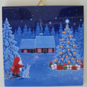 Christmas ceramic tile w/ hook " tomte, bunny, gifts under tree" 6" x 6" cork backing